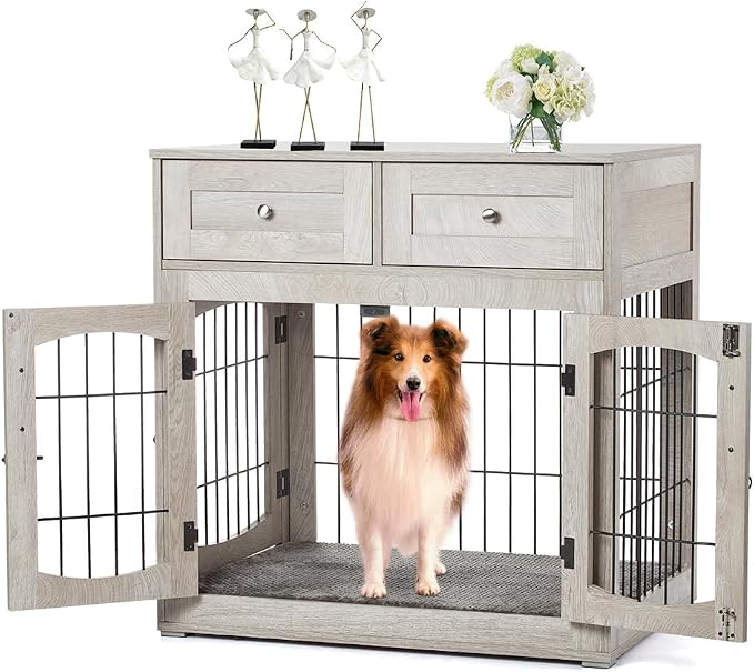Dog Crate Furniture with Drawers, Wooden Dog Kennel Furniture for Large Breed,End Table Wood House