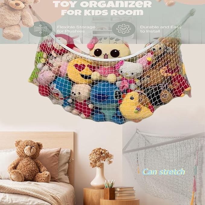 Filled animal net, suitable for flat walls, wall-mounted decorative net bags and storage bags (white). For displaying and storing plush toys and storage mesh bag background wall (1m)