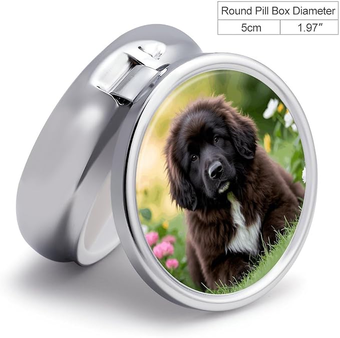 Cute Pet Newfoundland Dog Pill Box Exquisite Round Pill Organizer 3 Compartments Portable Pill Case Waterproof Mini Medicine Container Cute Medicine Box for Pocket Purse Daily Vitamin Holder