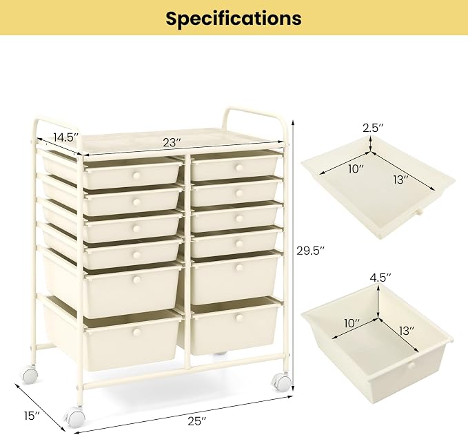 12 Drawer Rolling Storage Cart, Art Cart Organizer on Wheels, Mobile Utility Cart with Drawers, Multipurpose Craft Drawers for Home Office School Classroom (White)