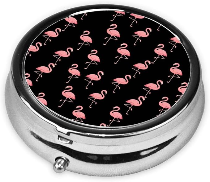 Purse Pill Organizer, Round Portable Case, Waterproof Holder for Vitamins, Mini Travel Box for Urban Commuters, Flamingo Black