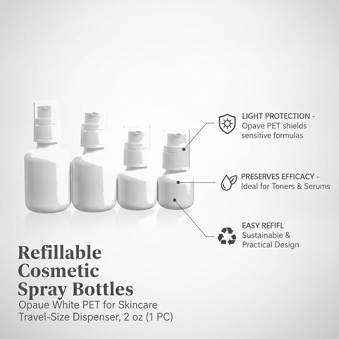 Refillable Cosmetic Spray Bottles, Opaque White PET for Skincare, Travel-Size Dispenser for Toners and Serums, 2 oz (1 PC)