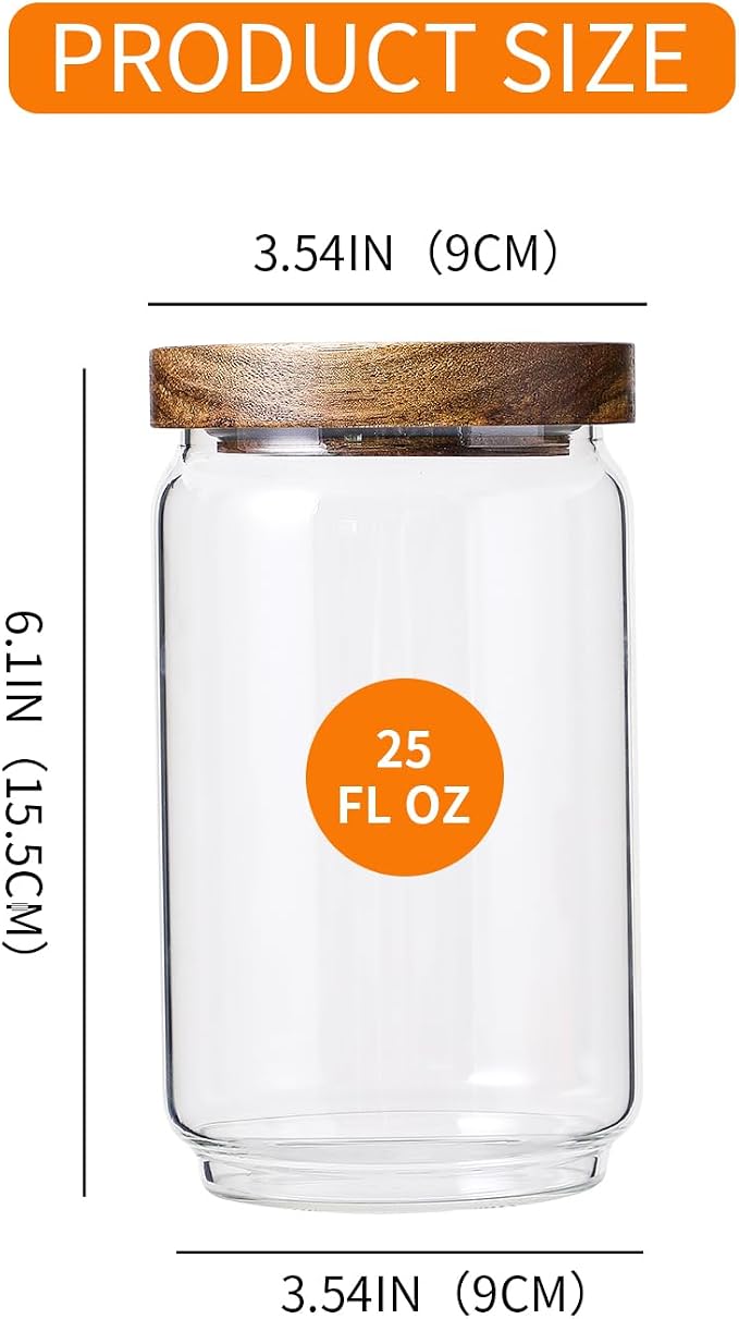 Glass Storage Jars with Wood Lids 25 Oz | Ktichen Food Containers Airtight Canisters for Coffee Beans/Sugar/Nuts