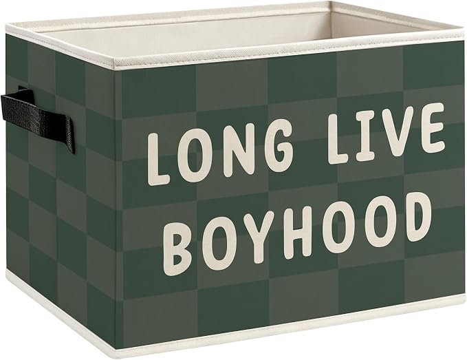 Boy Nursery Foldable Storage Bins Box with Handles, Long Live Boyhood Green Checkered Decorative Storage Boxes Baskets Toybox Organizer for Kids Boy Nursery Toddler Room Bedroom Playroom
