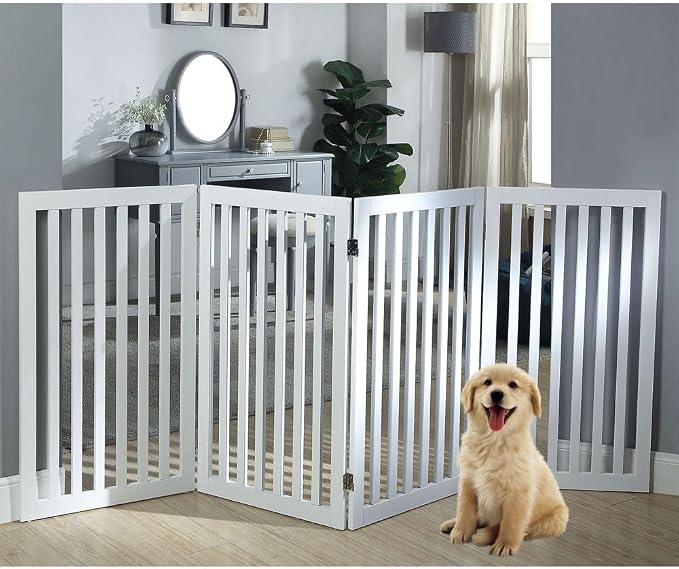 unipaws 36”H Free Standing Pet Gate for Dog, Tall Wooden Dog Gate, 80” Wide | Foldable Pet Fence for Doorway, Stairs, Step, Expandable Doggy Barrier, Room Divider, Indoor Use, White
