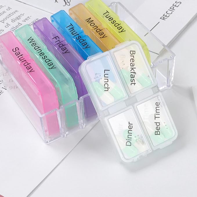 Pill Organizer 4 Times a Day Portable Travel Pill Box 7 Days with Moisture-Proof Design and Large Compartments Separable Large Pill Box to Hold Pills Vitamins Fish Oil Supplements
