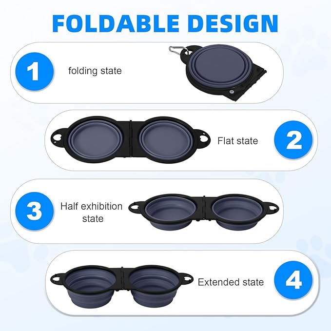 Collapsible Dog Dual Bowls, 2-in-1 with Locking Clip for More Stability 180 Degree Flip Portable Dog Travel Bowl for Water and Food Pet Food Drinker (Dark Blue)