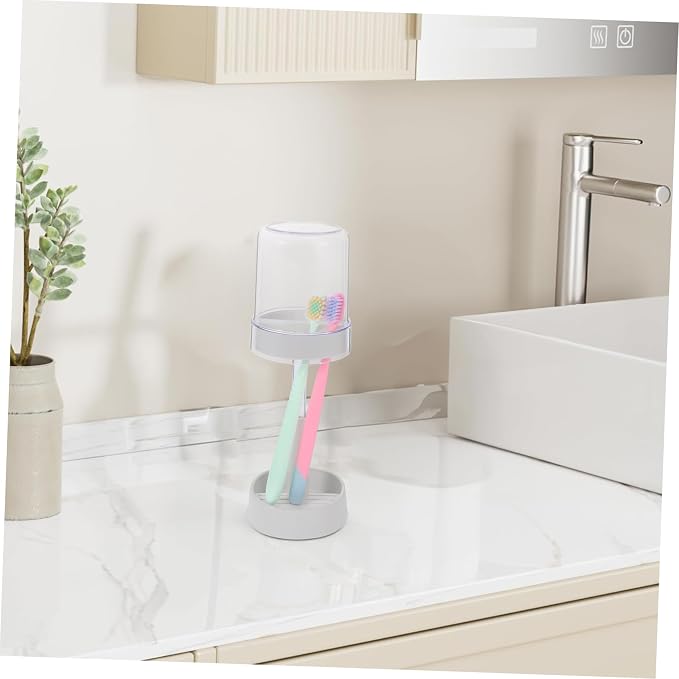 VOSAREA Toothbrush Holder with Covers Slots Toothpaste Storage Rack Organizer for Electric Toothbrushes Design with Rinse Cup Portable Easy to Clean for Bathroom Use