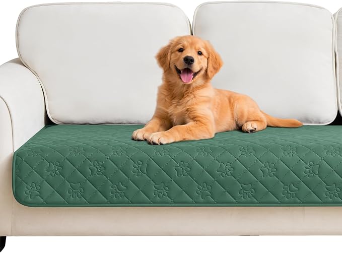 PAWFINITY Waterproof 4 Seat Couch Covers for Dogs, Pet Blanket for Sofa | Paw Print Quilted, Hair Resistant, Anti Cat Scratch, Washable Furniture Protector for 4 Seater Cushion, 35x96 Inch, Green