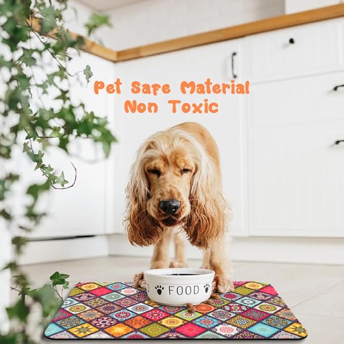 Dog Food Mats for Floors Waterproof, Pet Water Bowl Mats Pet Feeding Absorbent Placemats Bohemia 12 * 20 inch