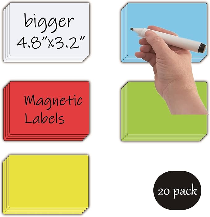 STTMGN Dry Erase Big Magnetic Labels (4.8x3.2,Pack of 20),Large Write On Magnets Name Plates Sticker,Waterproof/Reusable for Refrigerator&Lockers&Whiteboard&Cabinet(Multicolor)