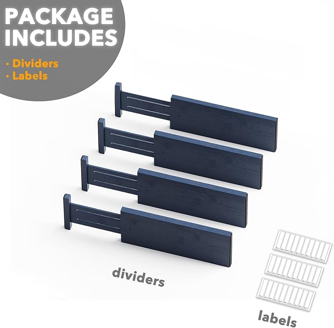 SpaceAid Bamboo 4 Pack Dresser Drawer Dividers, 4.65“ High Adjustable 12.5“-17” Drawer Organizers, Expandable Organization for Clothing, Clothes, Dressers, Navy Blue