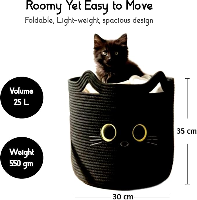 Nursery Storage Basket, 25L Large Woven Cotton Rope Baby Bin, Black Cat Design, Cutout Handles, Foldable, Washable, & Baby-Safe Organization for Kids Toy, Stuffed Animals, Laundry Hamper (Black Cat)