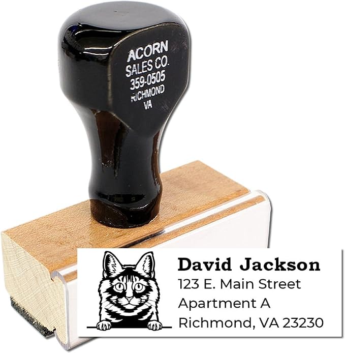 Peeking Kurilian Bobtail Cat Wood Handle Return Address Stamp - Mail Stamp | Return Address Stamp for Housewarming Gifts. Kurilian Bobtail Cat Rectangular Address Stamp Customized. Laser-cut.