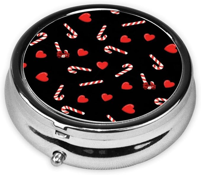 Portable Pill Box, Cute Round Container, Mini Organizer for Daily Meds, Purse Pocket Case for Commute Scenarios, Red Love Heart Christmas Sexy Candy Cane Black