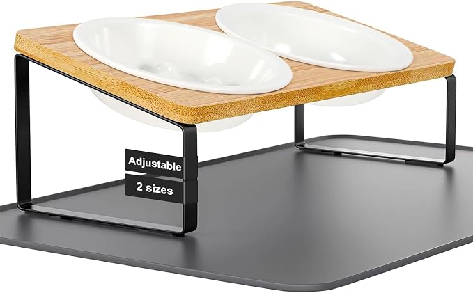 LEAWALK Upgraded Adjustable Height Cat Food Bowls Stand Ceramic Dog Bowls and Slow Feeder Cat Bowl, 15°Tilted Stand Anti Vomiting Raised for Small and Medium Sized Cats Dogs (White)