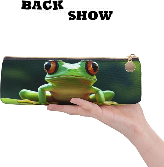 Leather Pen Case with Zipper - Aesthetic Pen Holder Cute Frog Pencil Case for Women & Men - Handcrafted Pencil Bag Multi-Functional Travel Cosmetic Case for Work Office Tool Pouch