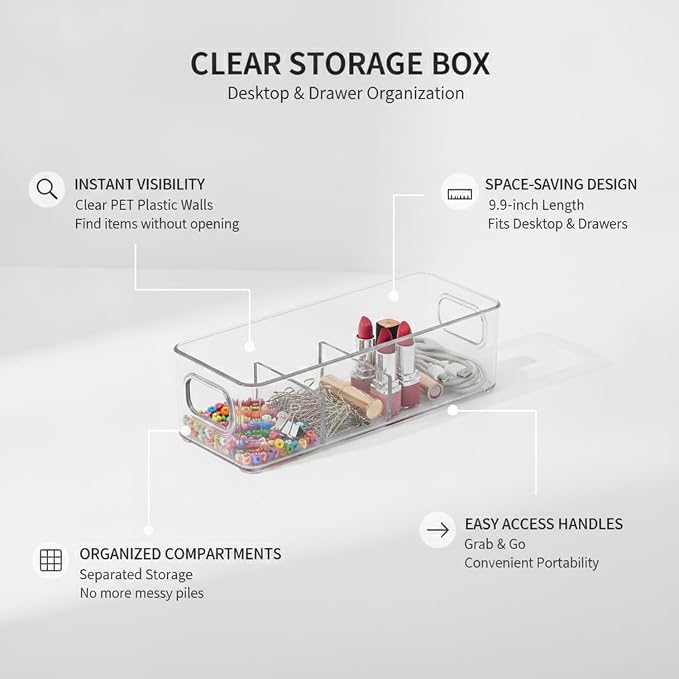 Fits Standard Drawers and Desks: Clear PET Storage Box with Dividers for Small Parts, 9.9 x 3.8 x 2.9 Inches