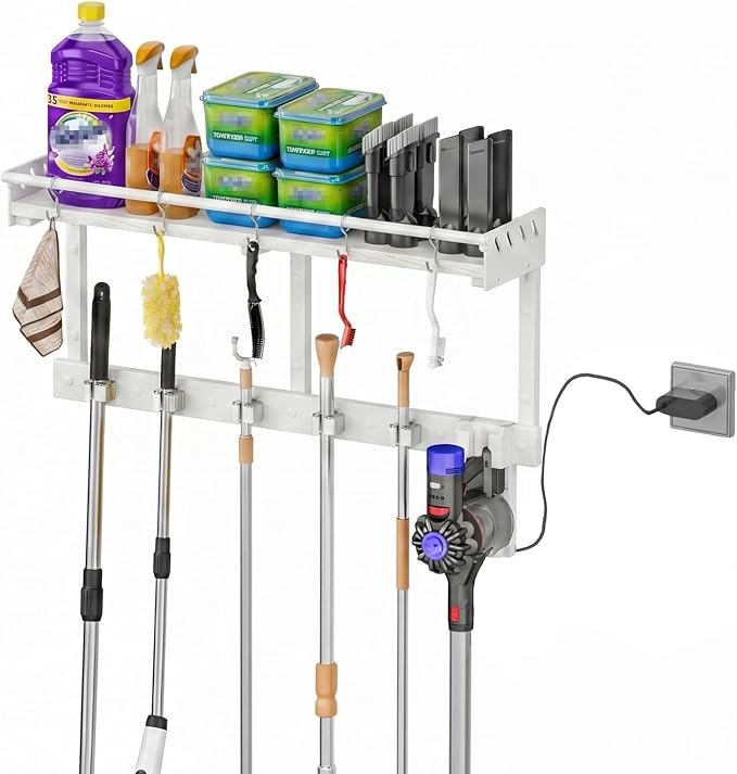 Broom Holder Wall Mount with Shelf,Broom Hanger,3 in 1 Broom and Mop Organizer Wall Hanging for Laundry,Garage,Utility,Broom Rack,Vacuum Stand Alternative,Cleaning Supplies Organizer Storage,White,L