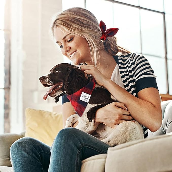 E-Clover Christmas Red Dog Bandanas Matching Dog Bandana and Scrunchie | Red Plaid Dog Bandana Matching Dog and Owner Clothes Dog Mom Gifts Dog Bandanas Girl