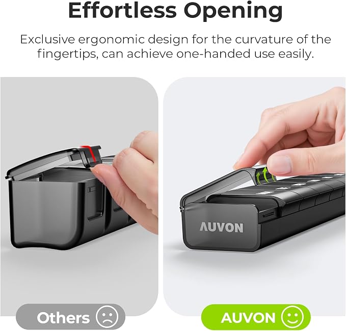 AUVON Weekly Pill Organizer with Effortless Opening Design, BPA-Free | Arthritis Friendly Pill Box, Cute Pill Organizer 7 Day, Portable Pill Case for Vitamins, Supplements and Medications, Black
