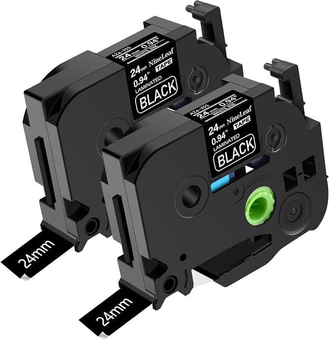 NineLeaf 2 Pack White on Black 24 mm x 8 m 1'' 26.2ft Label Tape Cassette Compatible for Brother P-Touch TZe355 TZ-355 TZe-355 TZ355 Laminated for PT-P700 PT-P750W PT-D600 PT-520 PT-530 Label Maker