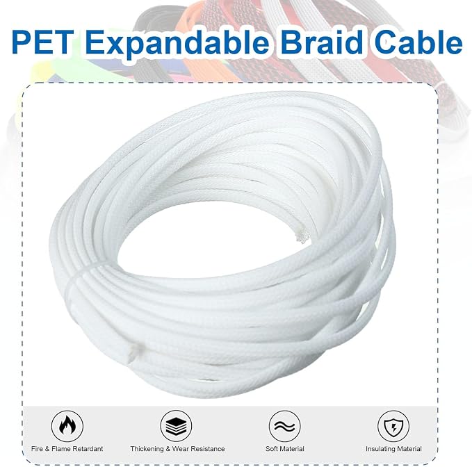 Heyiarbeit 10m/32.8ft PET Expandable Braid Cable Sleeving Flexible Wire Mesh Sleeve White 6mm
