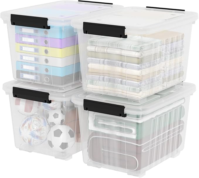 4-Pack 50 Quart Plastic Storage Bin, Stackable Wheeled Box, Clear | Box Organizing Container with Lid and Secure Latching Buckles, Stackable Rolling Storage Boxes, Clear See-Through