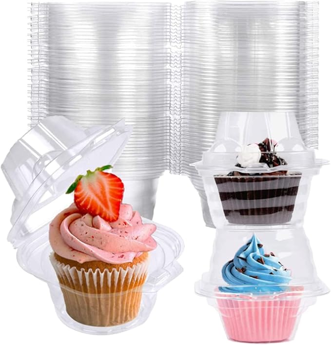 NPLUX 200 Pack Individual Cupcake Containers Plastic Cupcake Box Stackable | Individual Plastic Boxes, Holders, Stackable Shape, Deep Cover, Carrier Use, for Bakeries, Catering, High Volume Prep