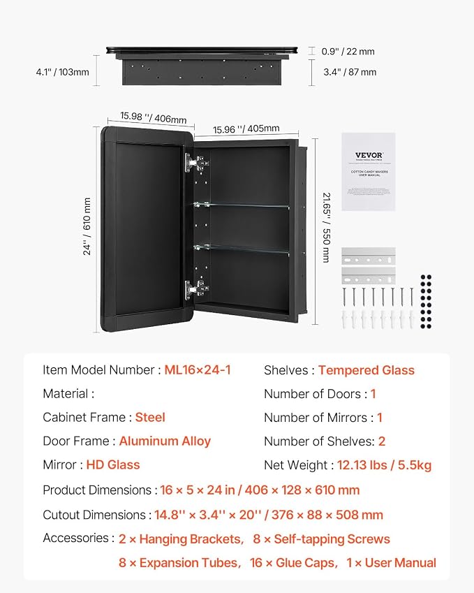 VEVOR Medicine Cabinet, 16 x 24 inch, Medicine Cabinet for Bathroom with Mirror, Aluminum Frame Bathroom Wall Cabinet, 2-Layer Adjustable Shelves, Recessed & Wall-Mounted Installation