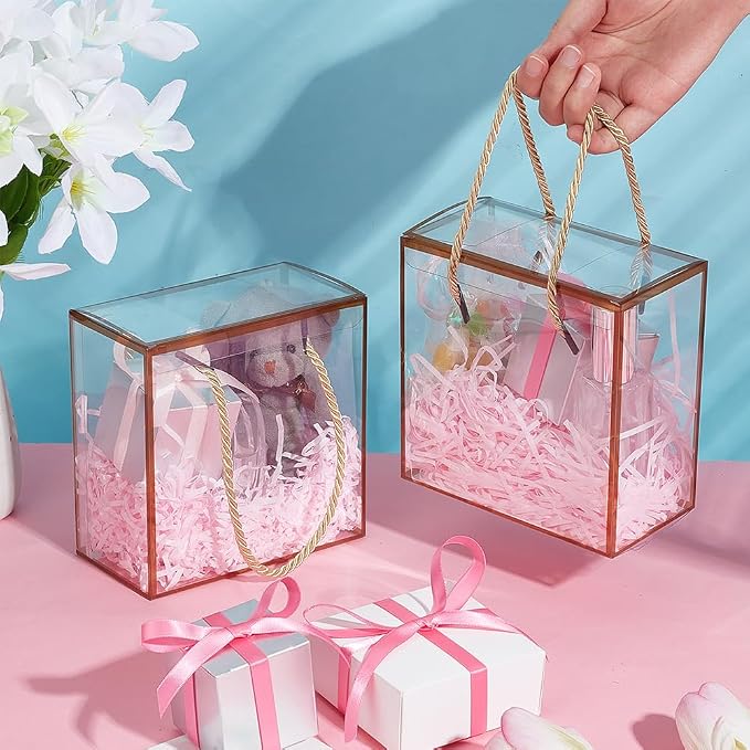BENECREAT 20-Pack Transparent Favor Boxes, 5.5x5.5x3inch PET Plastic Gift Boxes with Gold Border, Durable Rectangle Party Box for Weddings Birthdays Parties