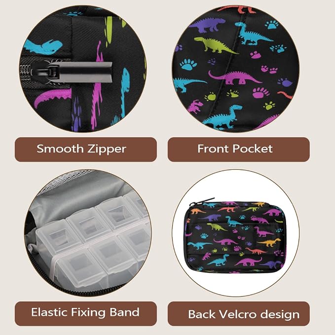 Weekly Pill Organizer Travel Size Bag with Removable 7 Day Pill Box Portable Vitamin Case Purse with Zipper,Colorful Dinosaurs Black Pattern