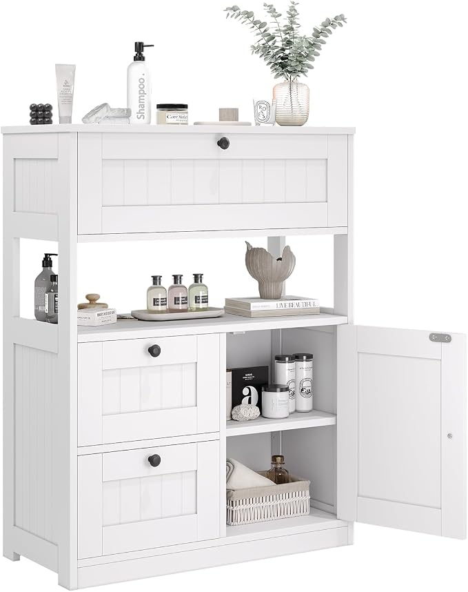 GRUSIGN Bathroom Cabinet, Modern Bathroom Floor Storage Cabinet Organizer with 1 Door and 3 Drawers, Freestanding Cupboard for Kitchen/Living Room Use