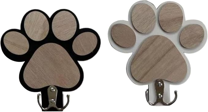2 Pieces Dog Leash Holder Wall Mount Organizer Wooden Double Hooks Pet Collars Hanger Paw Print Key Rack Suitable for Room Home Organization