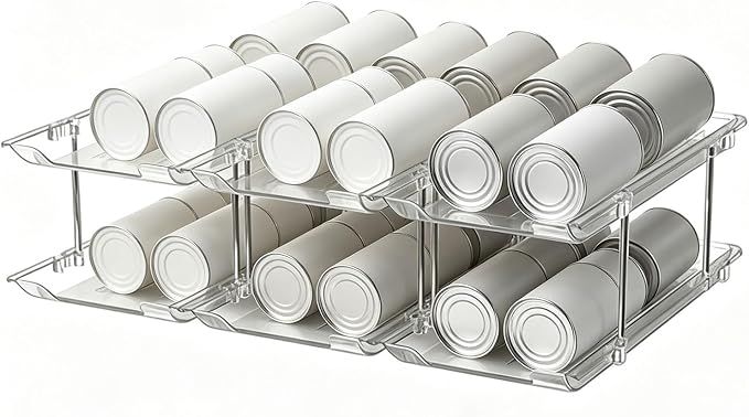 Can Organizer Rack, Double | Clear PET Kitchen Storage Shelf with Tiered Open-Front Access, Vertical Cabinet Countertop Use