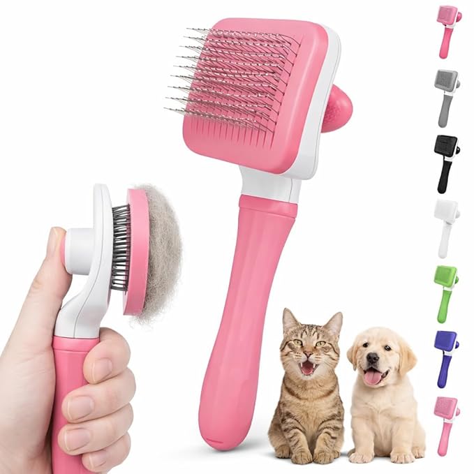 Generic Pink Cat grooming brush, Pet hair brush with Massage Particles, Self Cleaning Dematting Comb for Dogs and Cats, Easy to Use, Ergonomic Handle Design