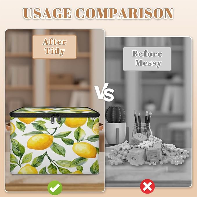 Pardick Storage Bin Fruit Lemon Storage Baskets with Zipper Lid & Handle Foldable Closet Shelf Cloth Organizer Basket Cube Bins Clothes Organizer for Nursery, Bedroom