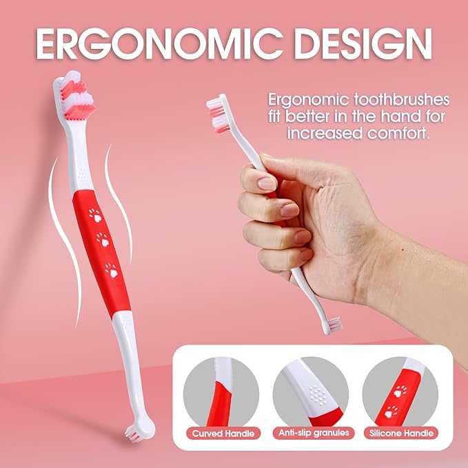 Dog Toothbrush – Newly Upgraded Dual-Head Design with 60° Wavy Bristles – Gently Surrounds Teeth for Deep Cleaning and Plaque Removal – Non-Slip Handle, Ideal for Daily Pet Dental Care (Red, 2-Pack)