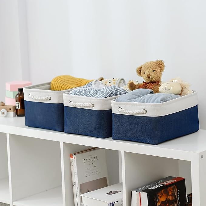 Storage Bins for Shelves - 1 Pack 13.8x9.7x6.7 inch Collapsible Storage Basket for Organizing, Dog Toy Bin for Closet Organizer laundry Cloth Nursery (White & Jean Blue)
