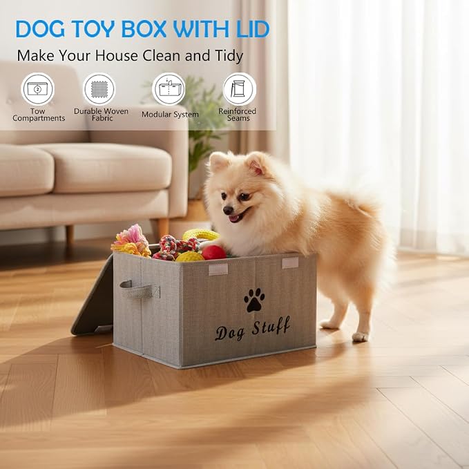 Morezi Dog toy box with lid storage organizer perfect basket for dog toys living room, playroom, closet, home organization and storage - Gray Stripe