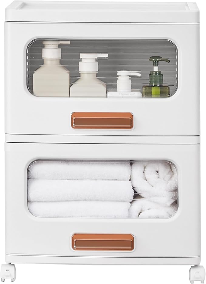 VECELO Plastic Storage Cabinet with Drawers, Stackable Storage Bins with Wheels, Waterproof Bathroom Storage Organizer, Multi-Tier Storage Drawers for Bedroom, Living Room, Kitchen, Medium 2-Tier