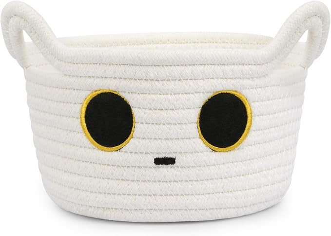Small Storage Cute White Cat Cotton Rope Woven Basket for Nursery | Blanket Basket Baby Toy Storage Organizer With Ears for Gifts Cat Dog Bin Toys 8.5×4.5 inches