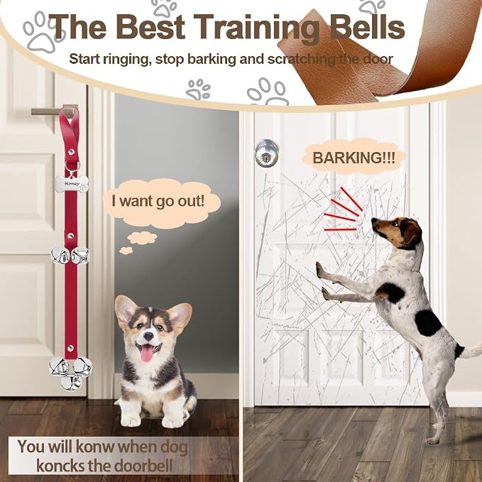 Leather Dog Bells, Puppy Potty Training Bell Dog Doorbell Potty Train Dog Bell for Potty Training Door Bells for Dogs to Ring to Go Outside Jingle Bells (Leather Red, Bone 1 PCS)