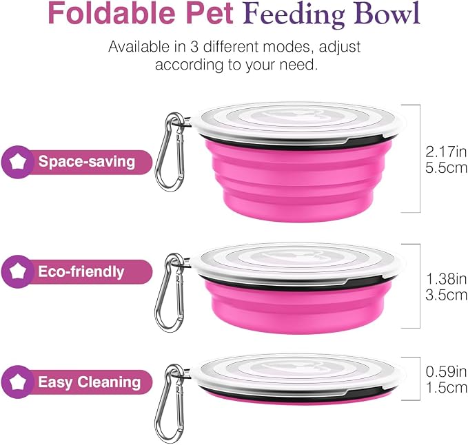 Pawaboo Collapsible Travel Dog Bowls 2 Pack with Lids&Carabiners Silicone | Feeding Watering Bowls for Dogs Cats, Collapsable Water Feeder Food Bowl for Walking Traveling Home Use,Pink + Purple