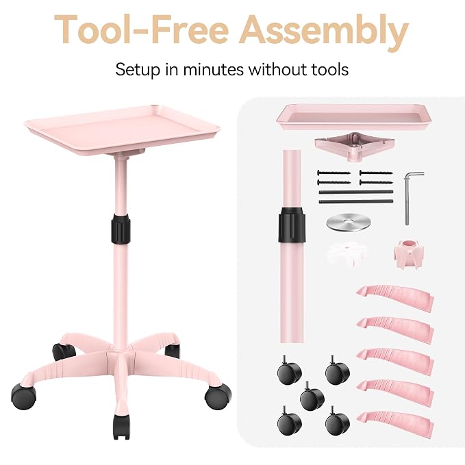 37" Rolling Salon Tray on Wheels Pink, Adjustable Height | Aluminum, Tool-Free Assembly, Stable Base, 360 Mobility, For Spa Clinic Tattoo Studio and Home Salon Use