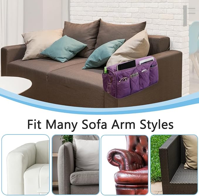 Sofa Armrest Organizer,Couch Remote Control Holder with 14 Pockets Waterproof Non Slip Recliner Organizer for TV Remotes Caddy, Book, Magazines, Ipad (Purple)