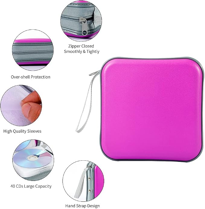 CD Case, 40 Capacity CD DVD Case Wallet Holder Portable Disc VCD Heavy Duty Binder Storage Organizer (Purple)