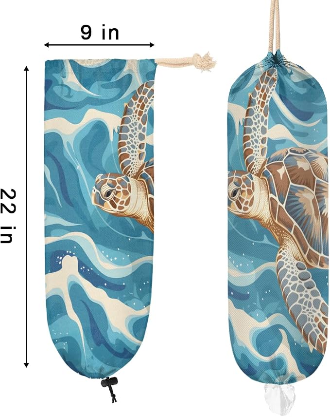 Animal Sea Turtle Blue Plastic Bag Holder Washable Grocery Bag Storage Dispenser Reusable Hanging Shopping Bags Carrier Wall Mount Plastic Bag Organizer for Home Kitchen Decor
