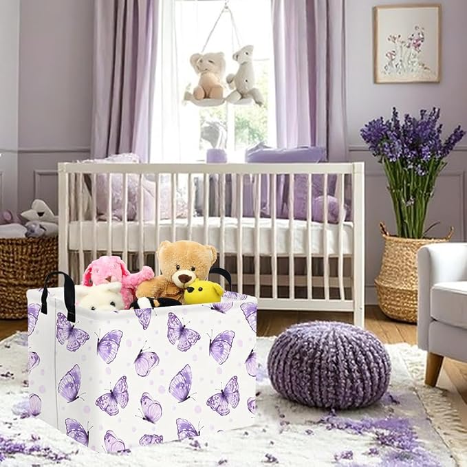 Rectangular Purple butterfly basket,Books Storage Basket,Collapsible Storage Bin,Cute Organizer Toy Bin,Butterfly Room Decor,Gift Baskets(Little purple butterfly)