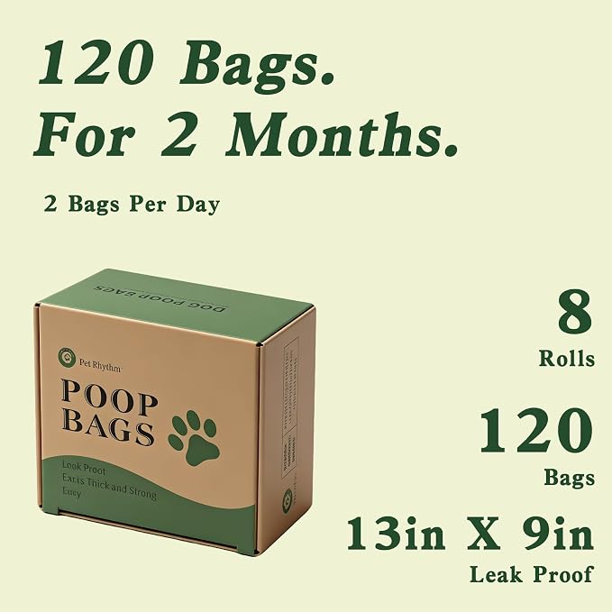 Dog Poop Bags rolls with Dispenser,120 pack Plant-Based Material | Dog Waste Bags Extra Thick Leak-Proof , Lavender-Scented Dog Poop Bags, 13x9 Inch for Bags for Dogs Walking and Cat Litter